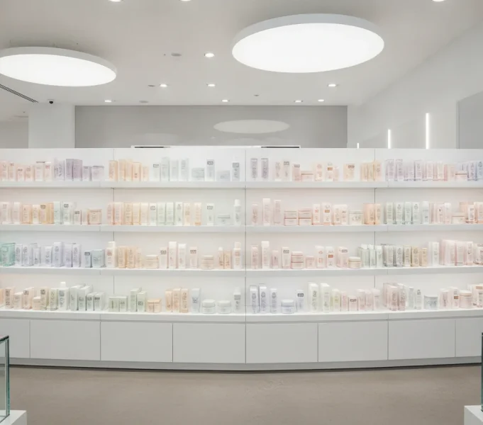 bright pharmacy cosmetics storefront shelf display with skincare,